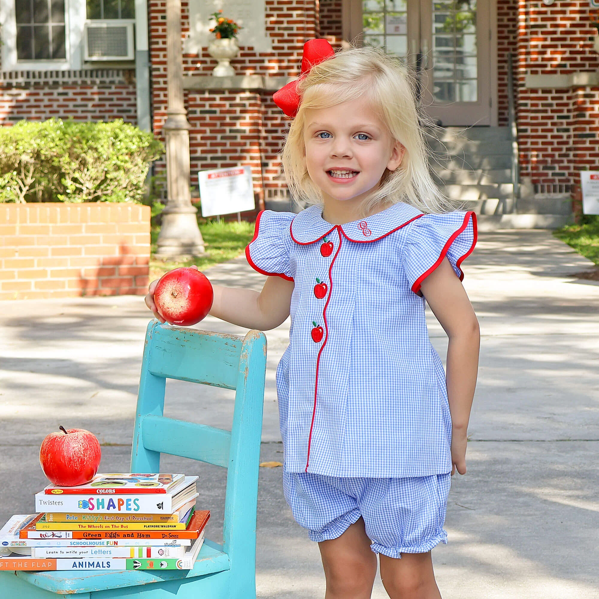 Adorable Apple Blue Gingham Jane Bloomer Set