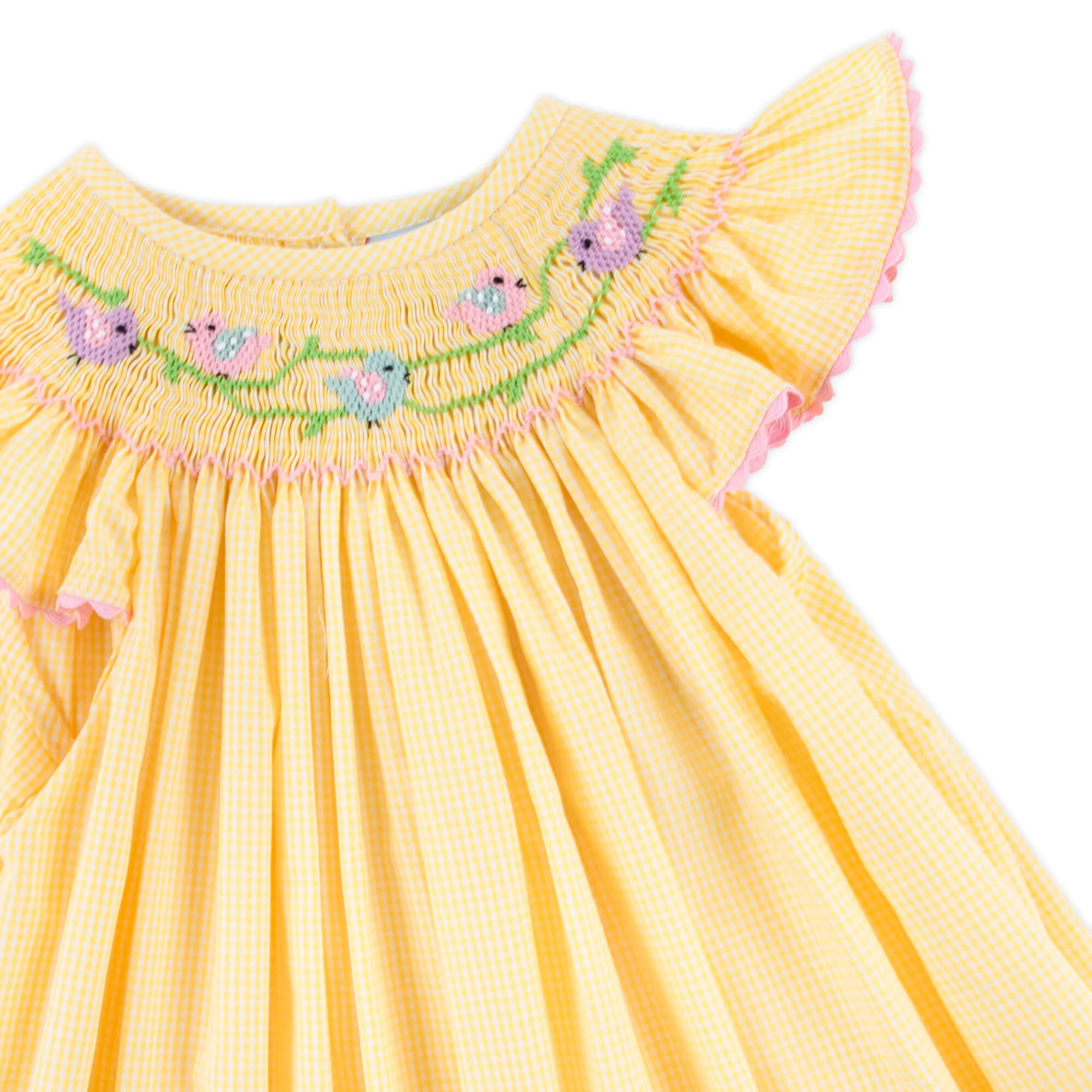 Yellow Check Bird Smocked Dress - Image 4