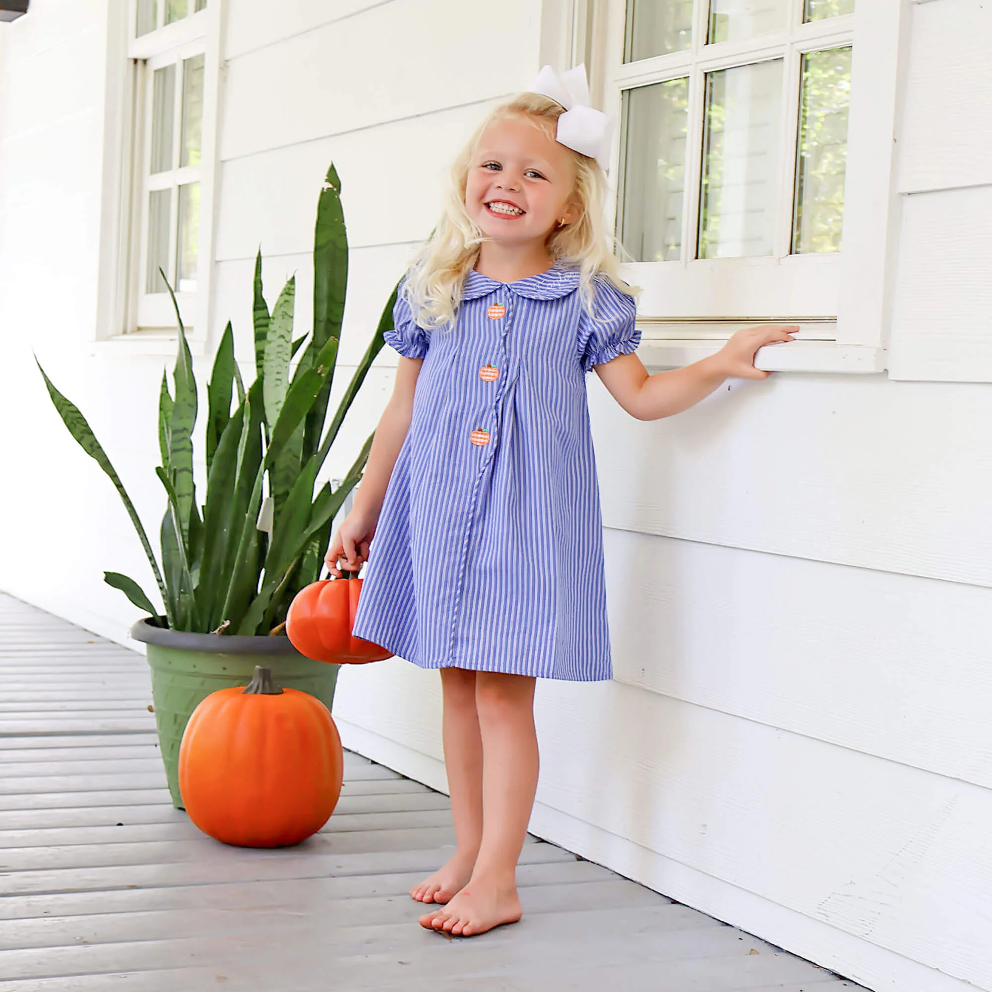 Adorable Pumpkin Blue Stripe Jane Dress