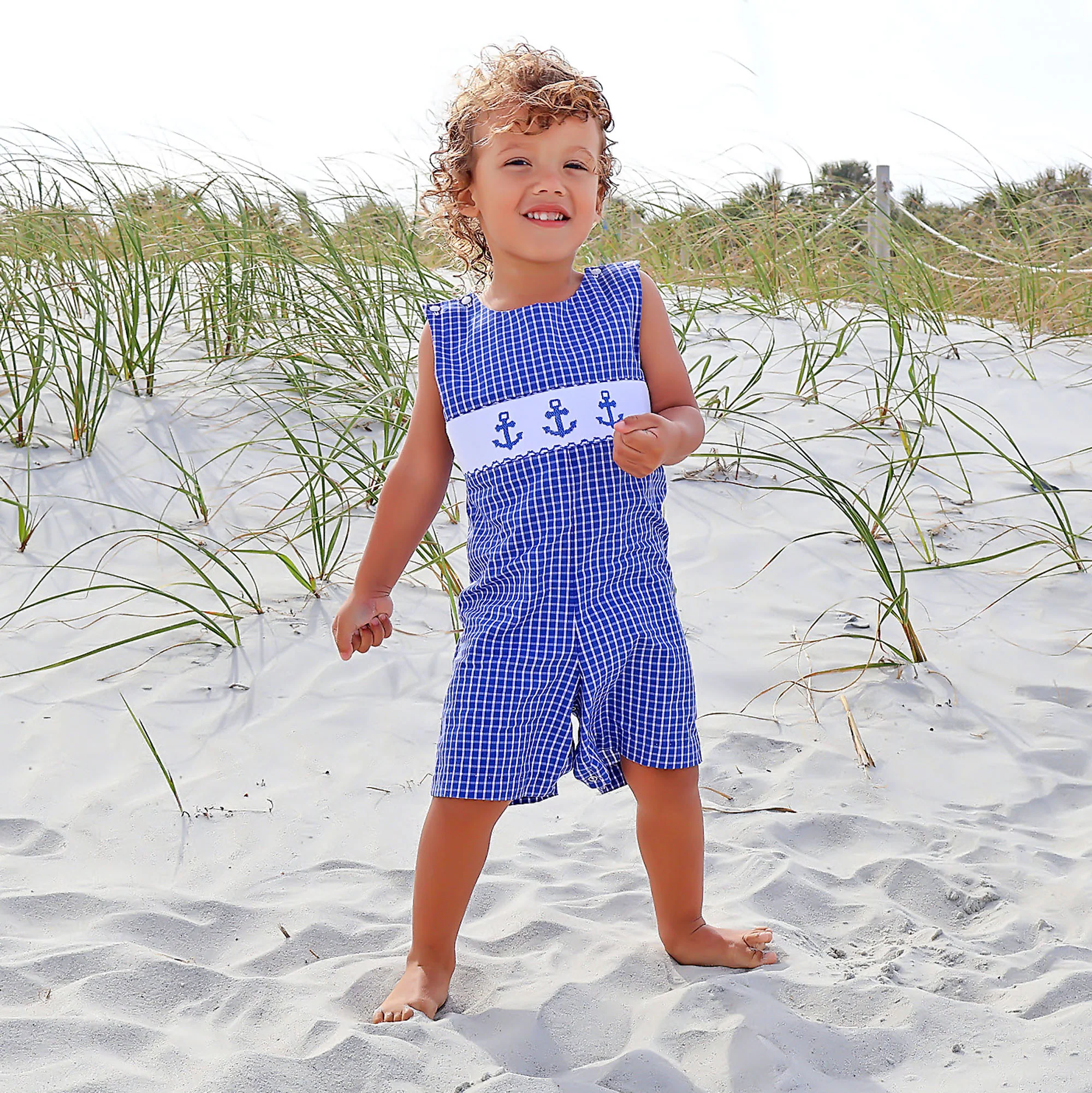 Anchor Smocked Blue Windowpane Jon Jon