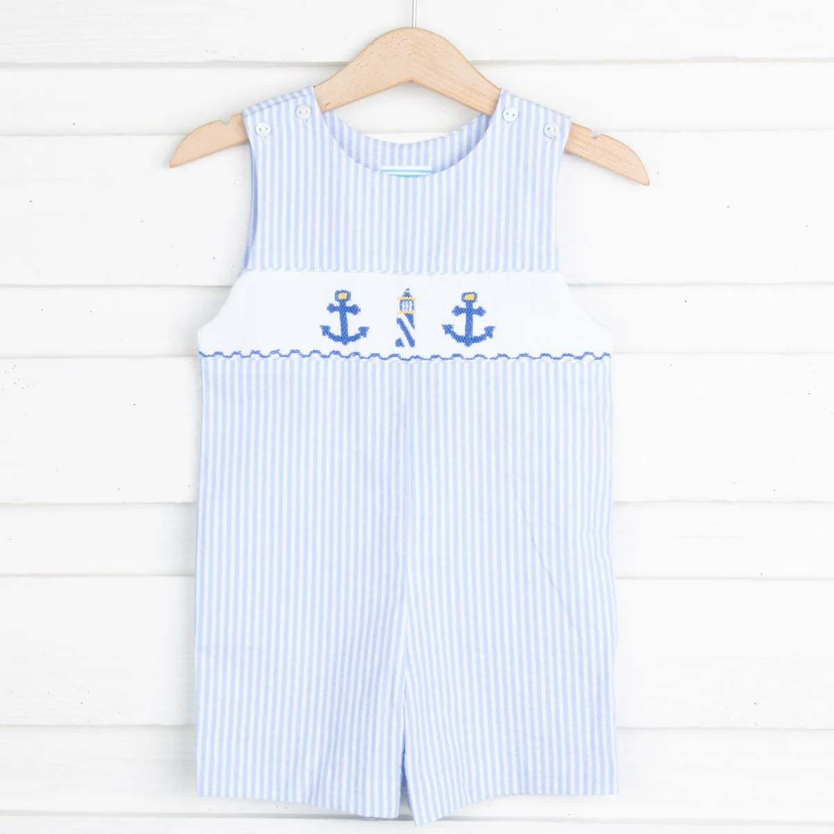 Anchor Smocked Jon Jon Blue Seersucker Stripe