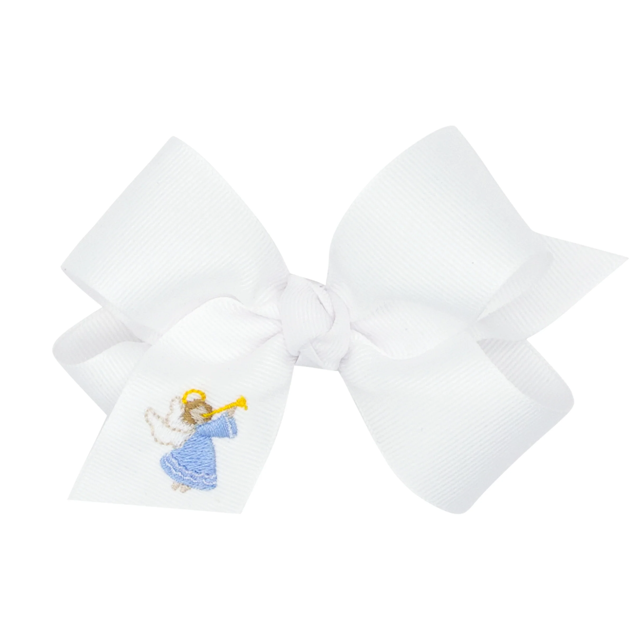Angel Embroidered White Grosgrain Knot Bow