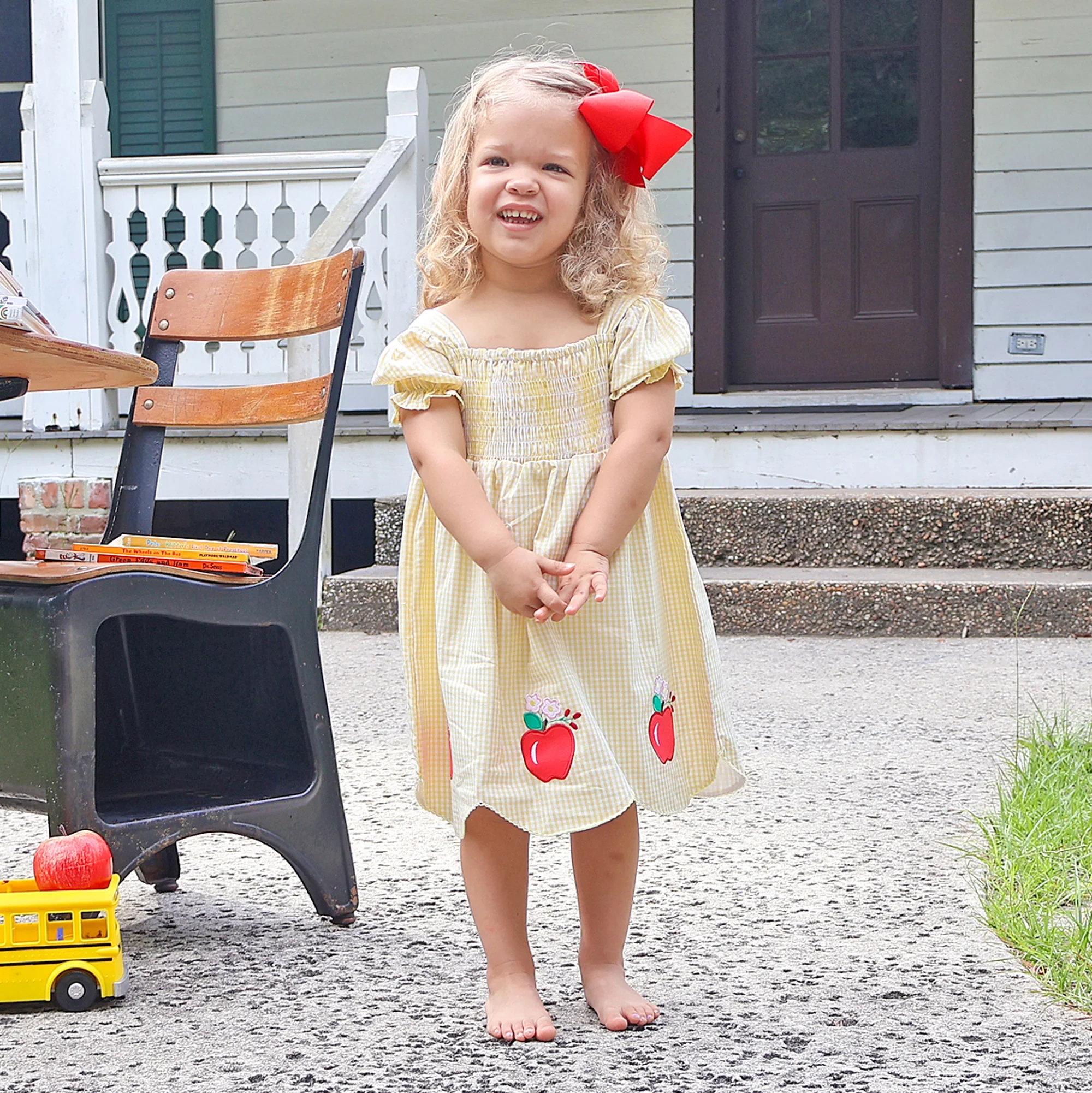 Apple Blossom Yellow Gingham Hannah Dress - Image 2
