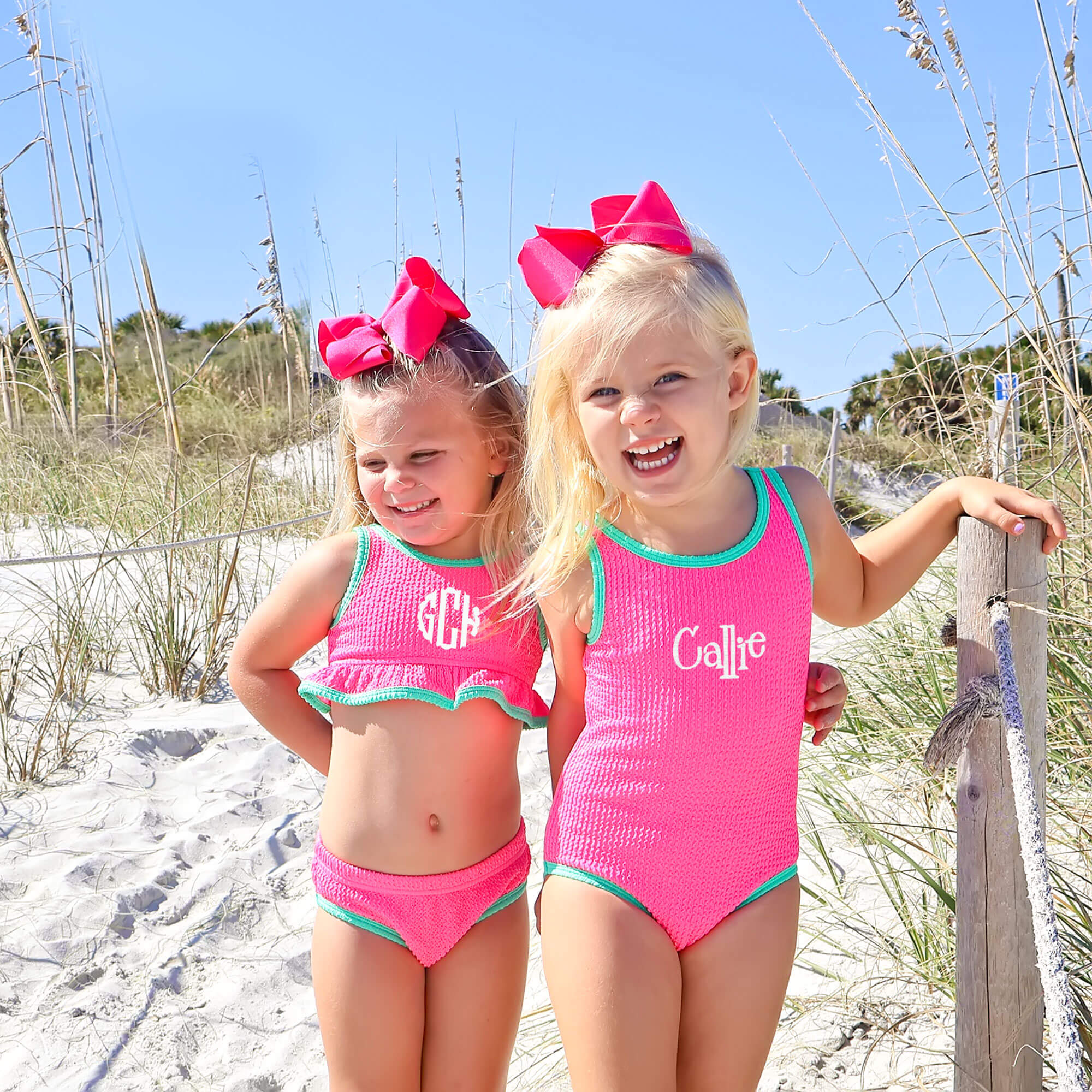 Aquamarine & Hot Pink Crinkle Two Piece Swimsuit - Image 4