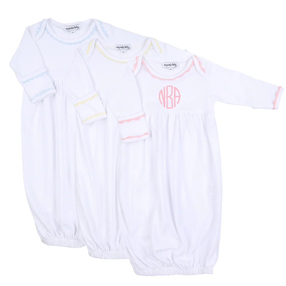 Baby Joy Gathered Gown with Crochet Trim