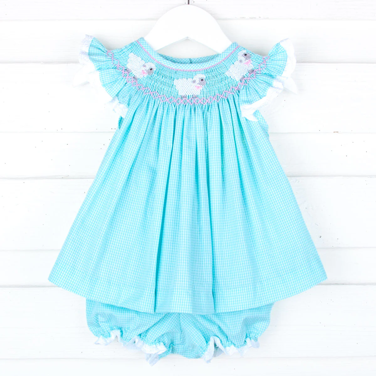 Baby Lamb Smocked Mint Bloomer Set