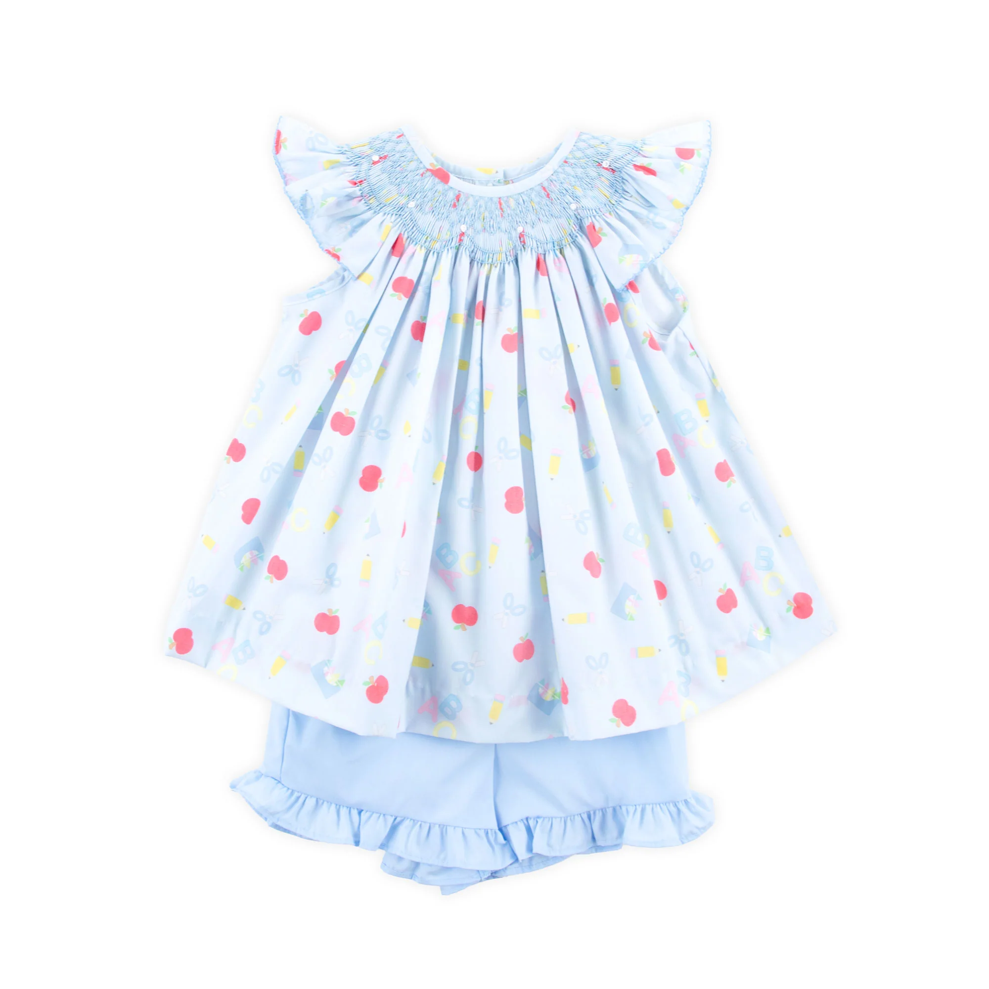 Back to School Smocked Blue Angel Sleeve Short Set - Image 2