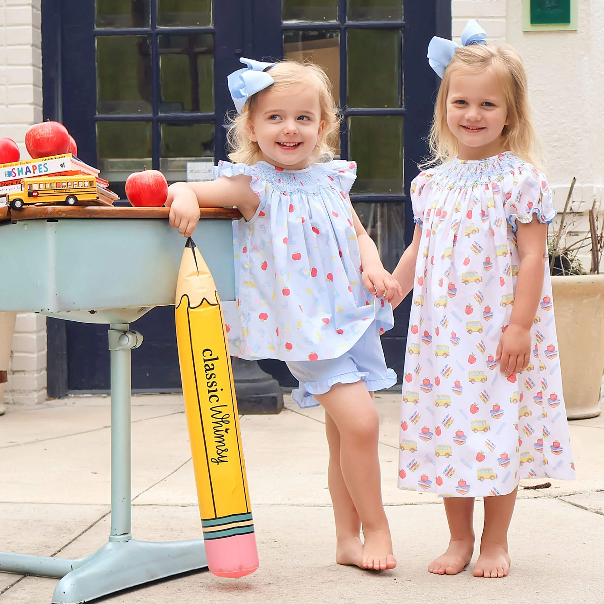Back to School Smocked Blue Angel Sleeve Short Set - Image 5
