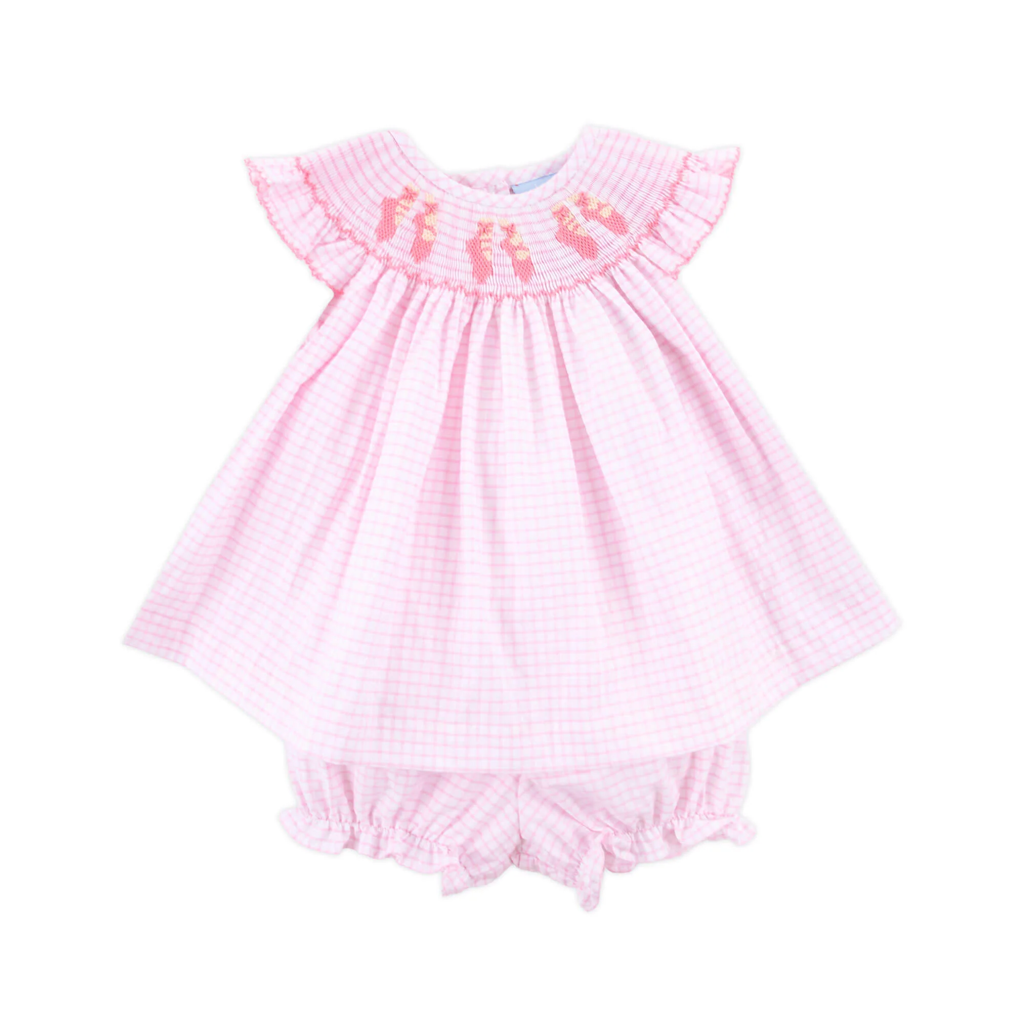 Ballet Smocked Pink Windowpane Angel Sleeve Bloomer Set
