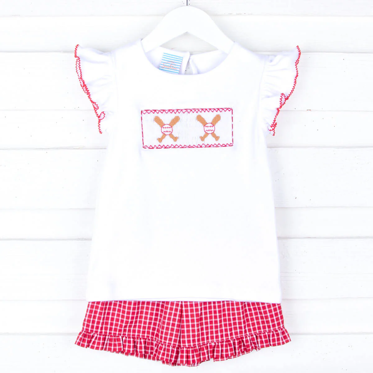 Baseball Smocked Red Plaid Short Set