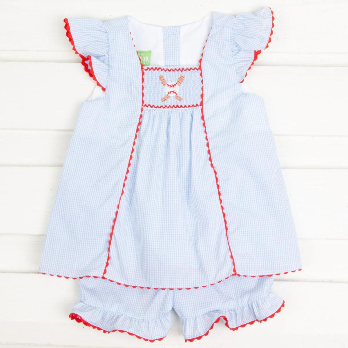 Baseball Single Smocked Short Set Light Blue Gingham