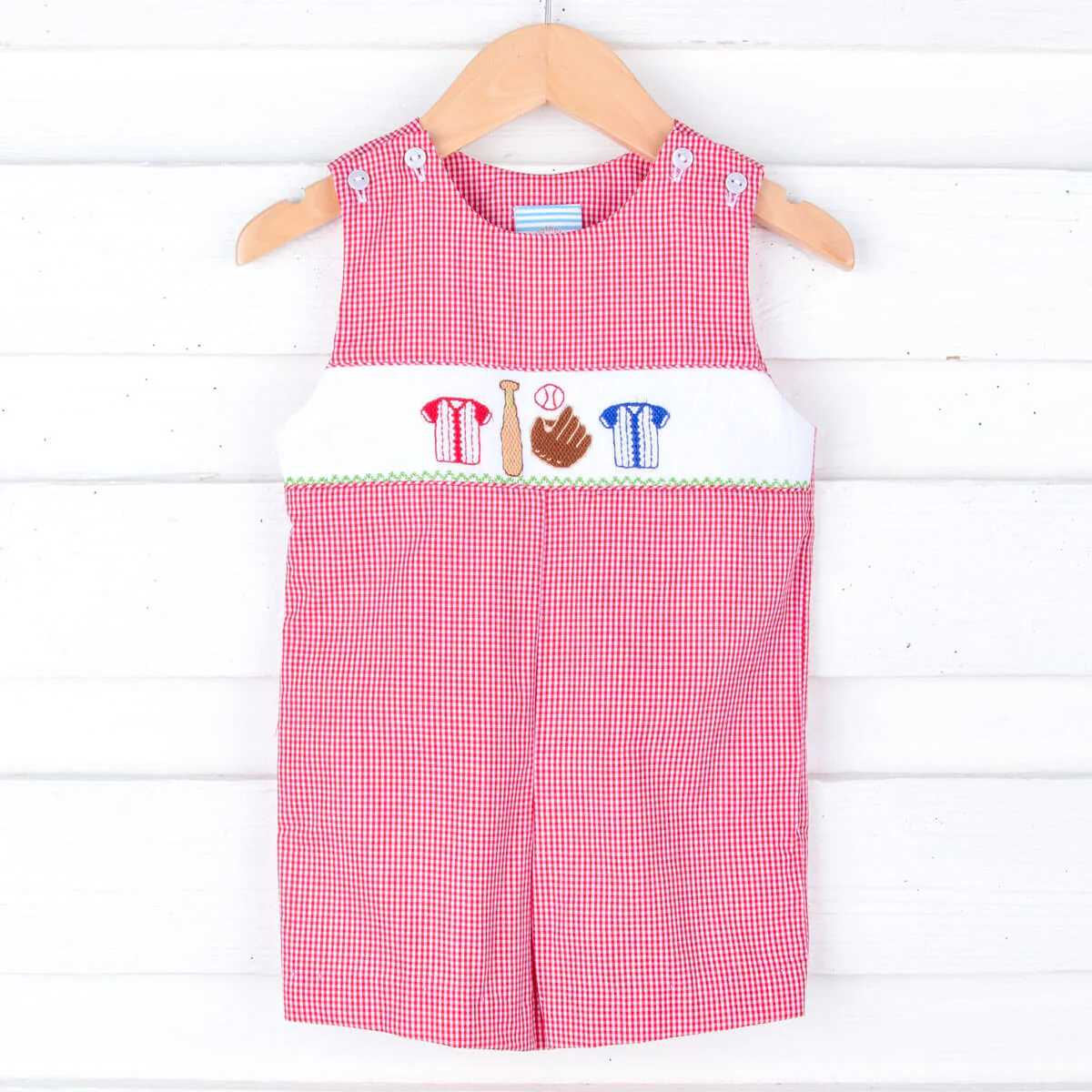 Baseball Smocked Red Gingham Jon Jon