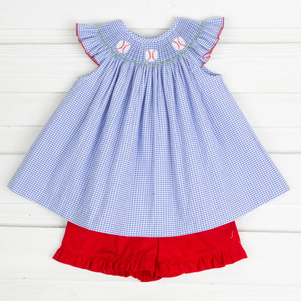 Baseball Smocked Short Set Royal Gingham