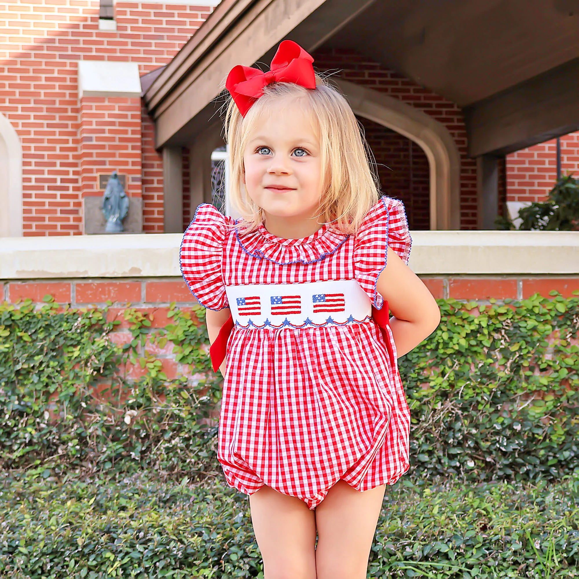 Red Check American Flag Smocked Beverly Bubble