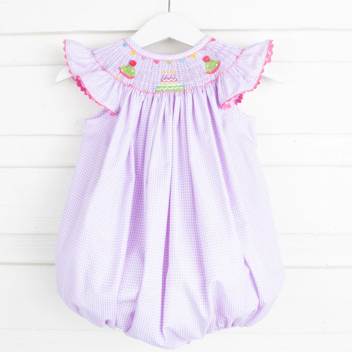 Birthday Smocked Bubble Lavender Gingham