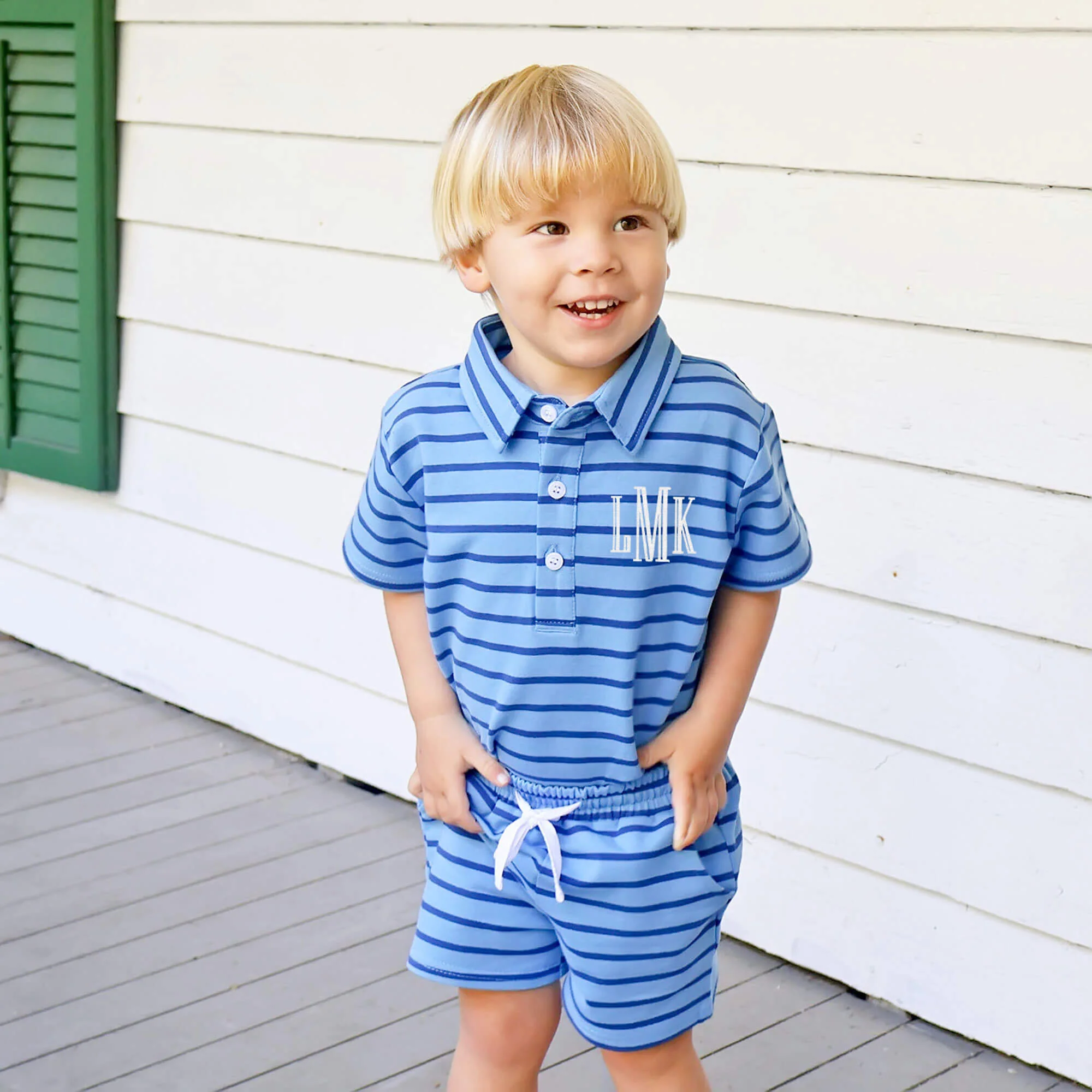 Blue & Navy Stripe Terry Polo Short Set