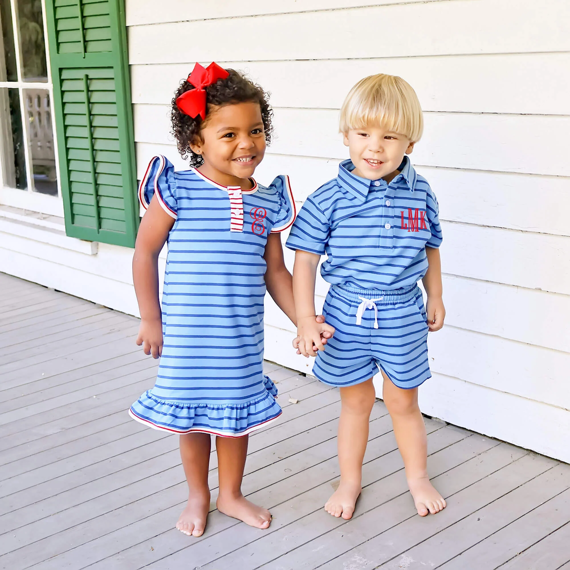 Blue & Navy Stripe Terry Polo Short Set - Image 3