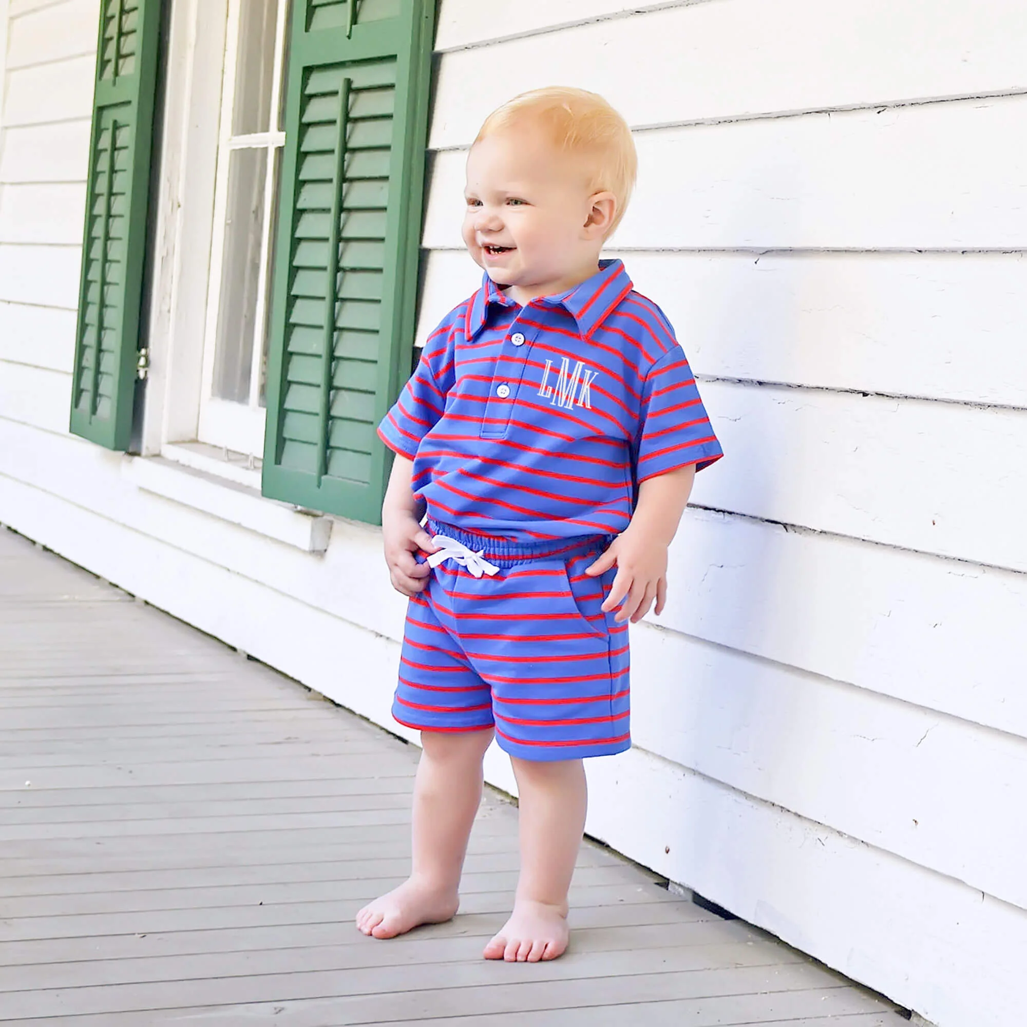 Royal Blue & Red Stripe Terry Polo Short Set