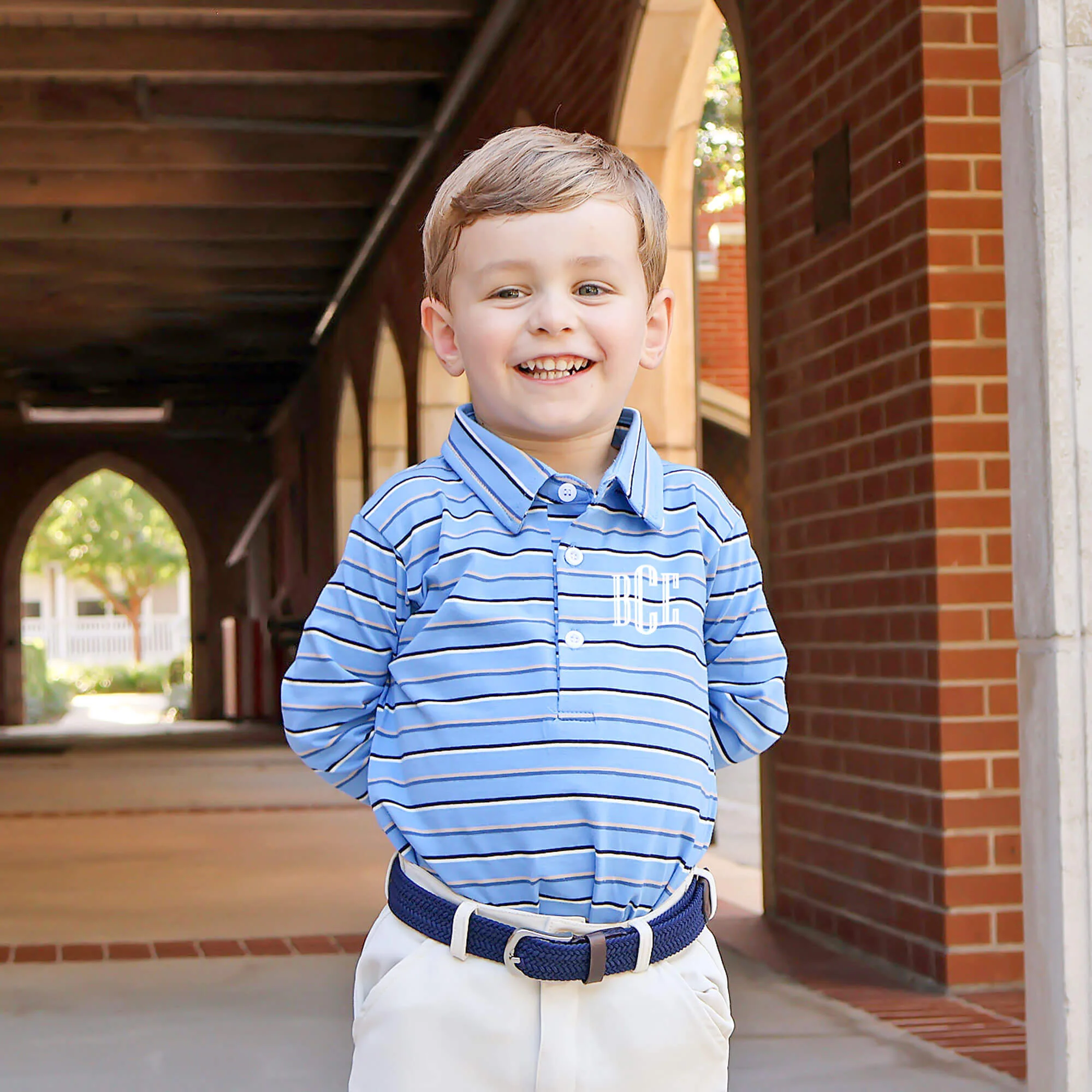 Navy & Blue Stripe Long Sleeve Polo