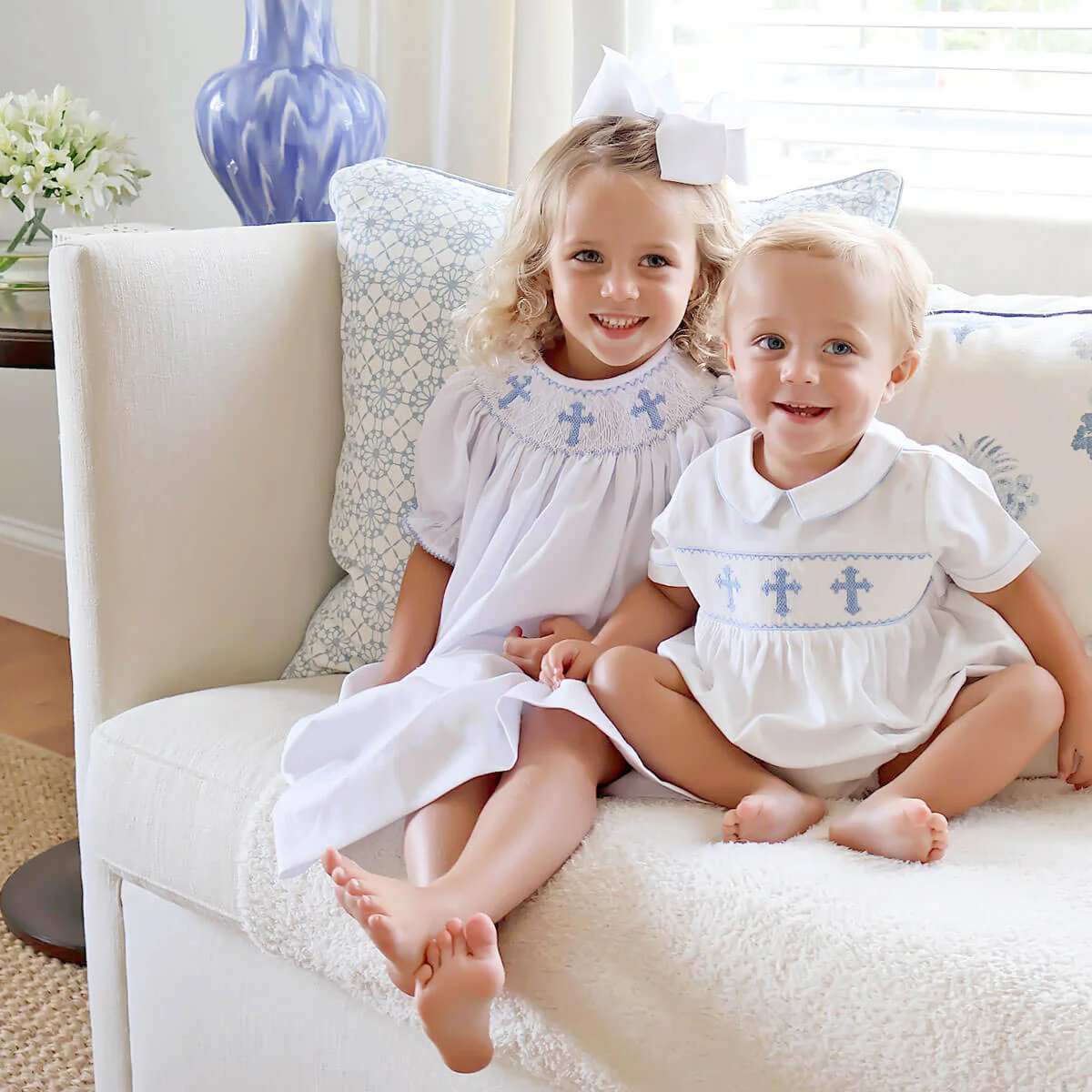 Blue Cross Smocked White Pique Dress - Image 5
