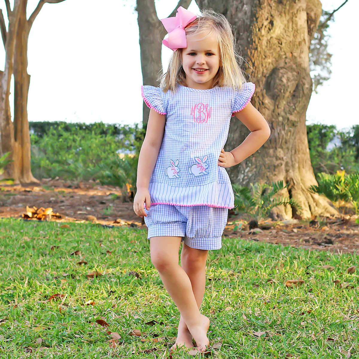 Blue Windowpane Bunny Short Set