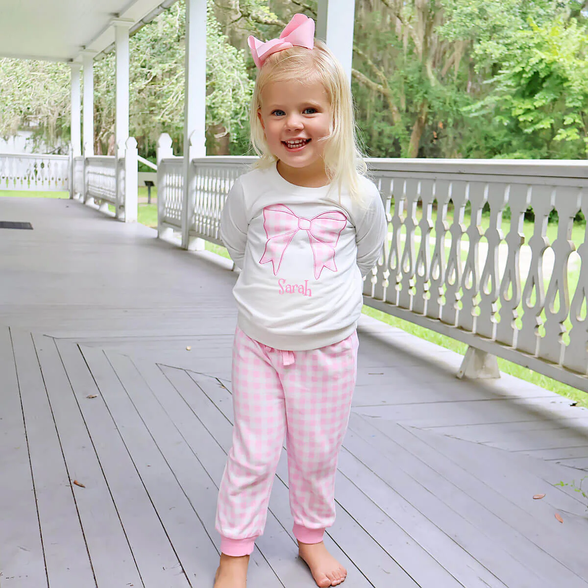 Bow Applique Pink Gingham Jogger Set - Image 2