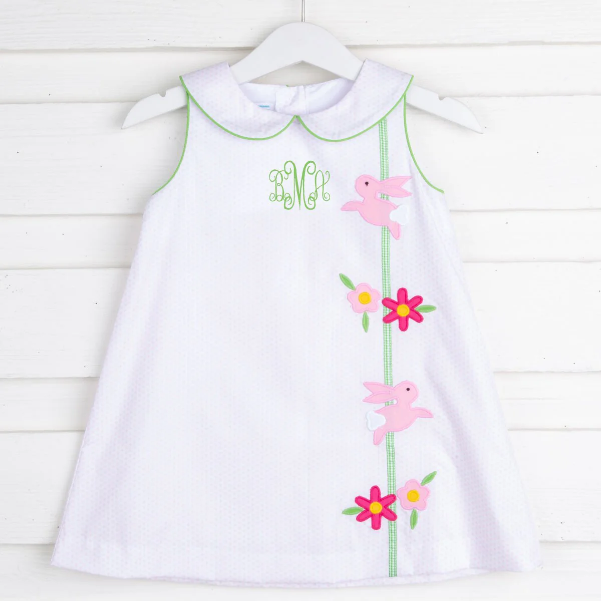 Bunnies and Flowers Applique Sally Dress Pink Dot