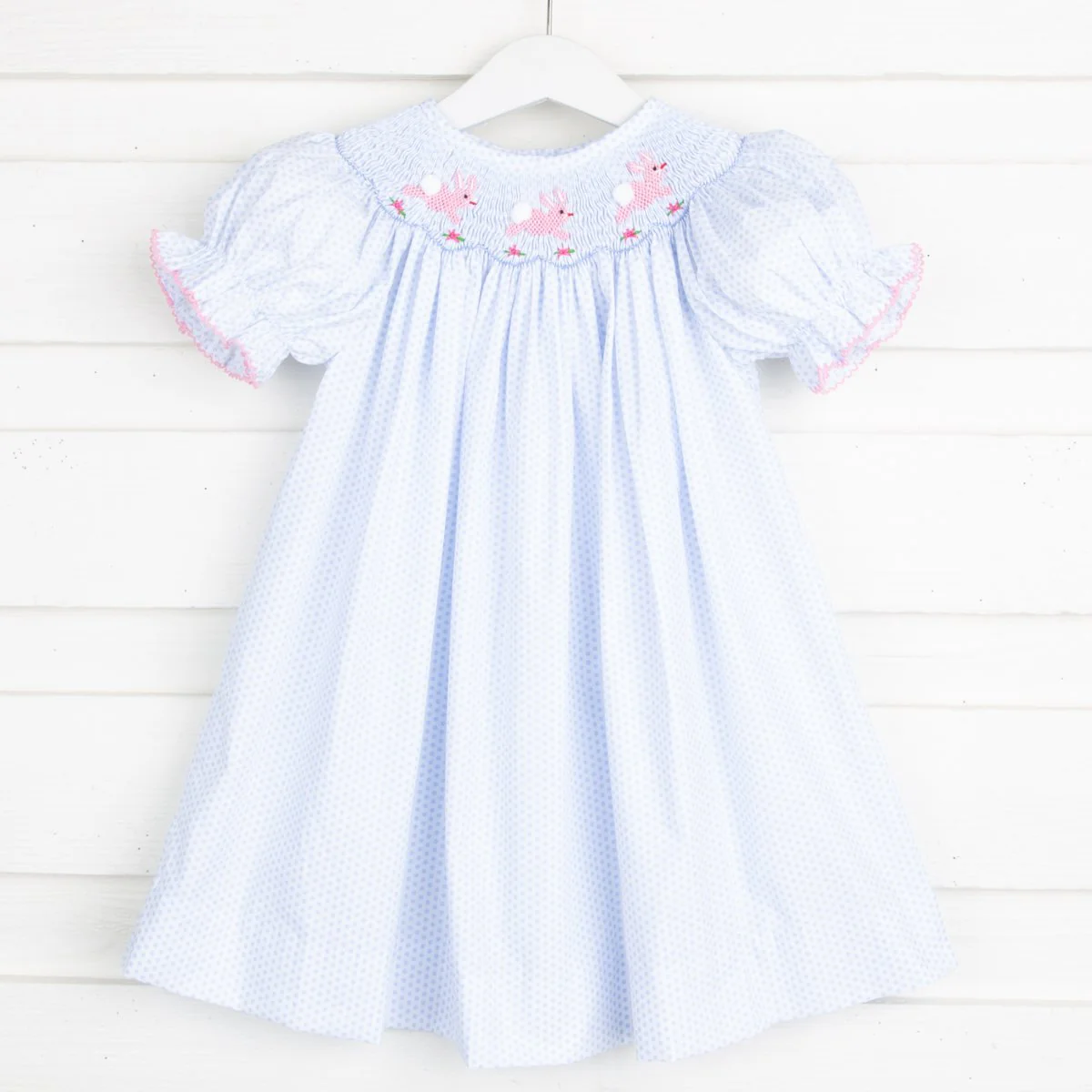 Bunny and Flowers Smocked Bishop Light Blue Dot