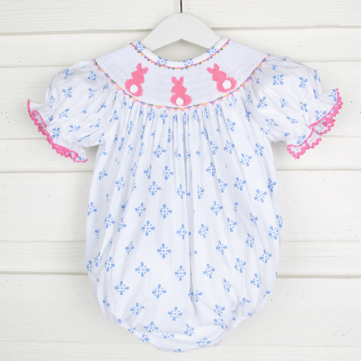 Bunny Bum Smocked Bubble Blue Geometric