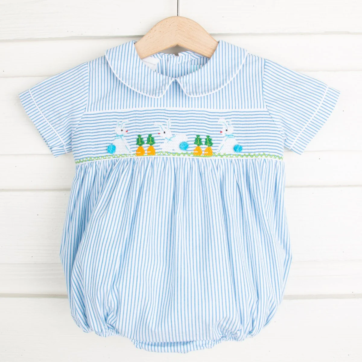 Bunny Garden Smocked Boy Bubble Turquoise Stripe Seersucker
