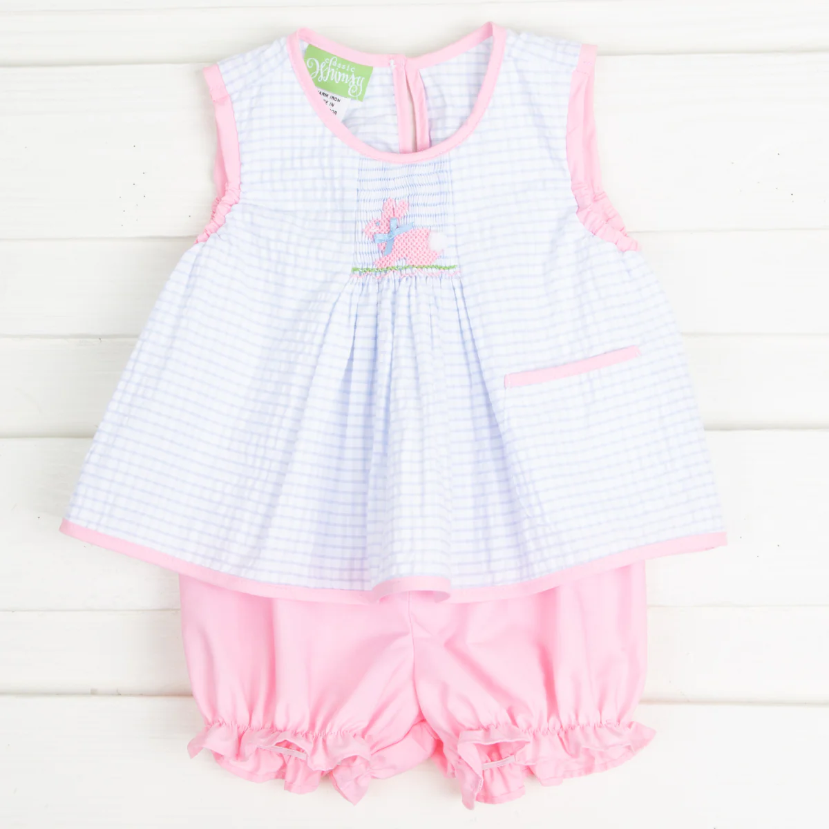 Bunny Single Smocked Bloomer Set Blue Seersucker