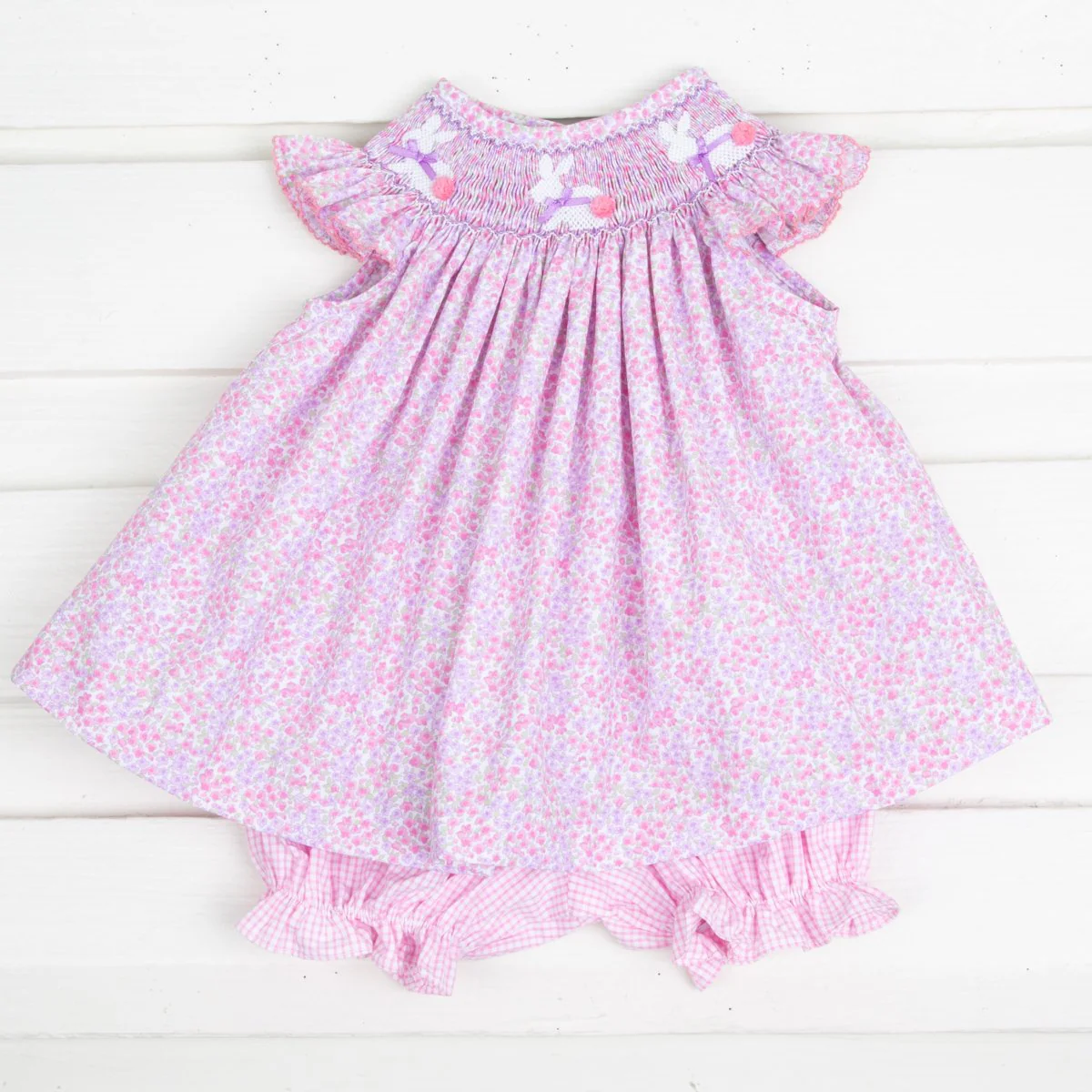 Bunny Smocked Bloomer Set Pink Seersucker Check