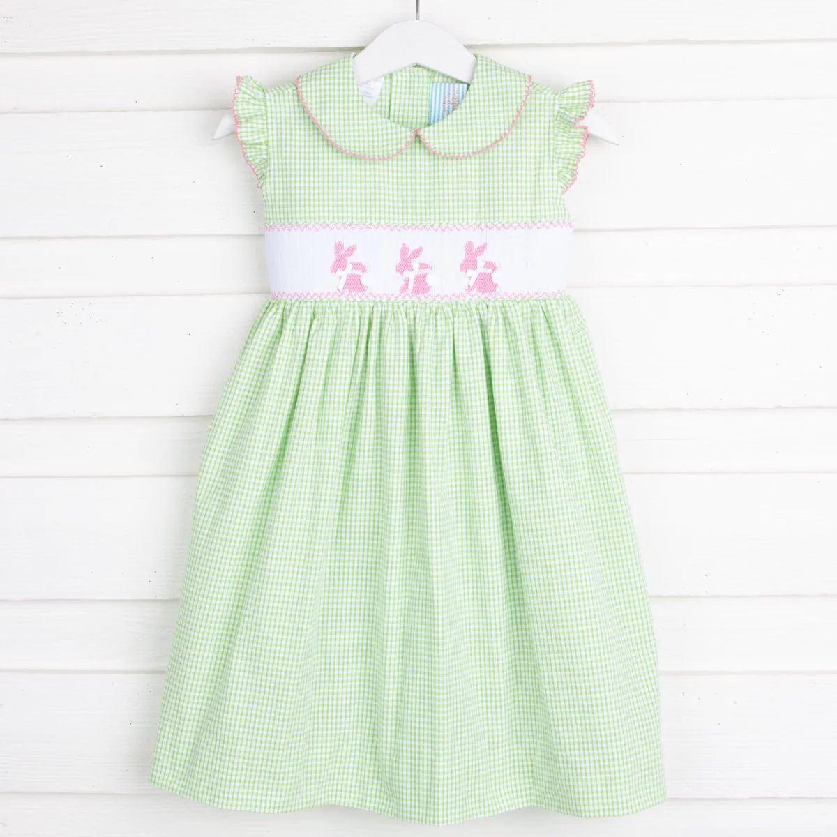 Bunny Smocked Collared Dress Light Green Seersucker