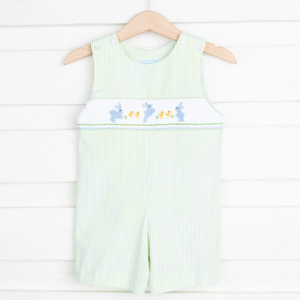 Bunny Smocked Jon Jon Green Stripe Seersucker