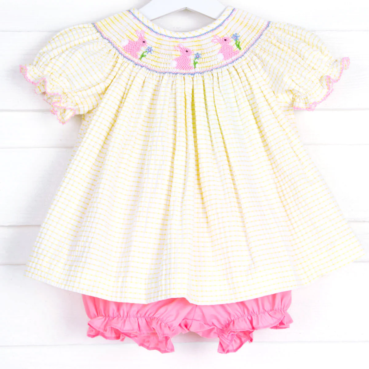Bunny Smocked Yellow Windowpane Bloomer Set