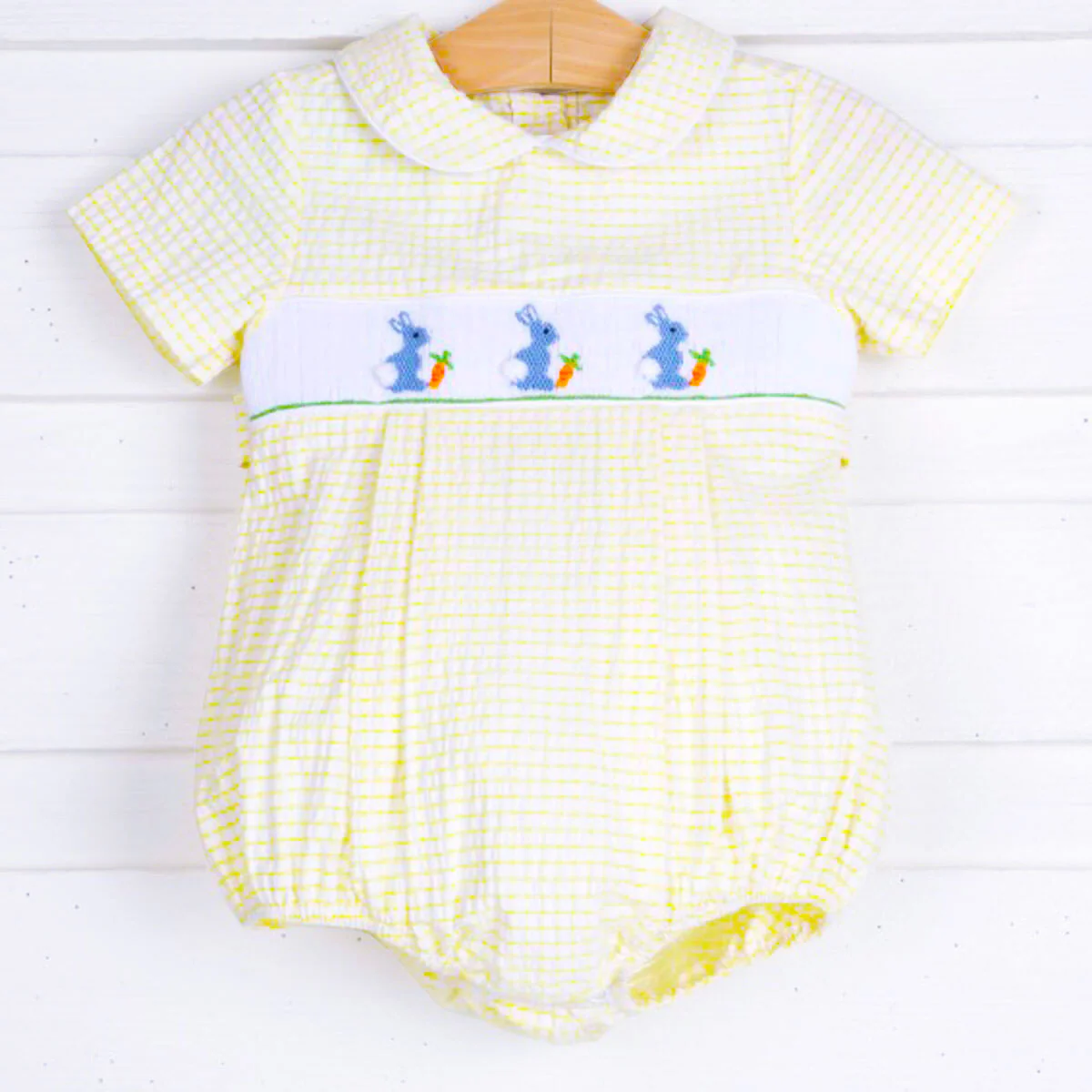 Bunny Smocked Yellow Windowpane Collared Boy Bubble