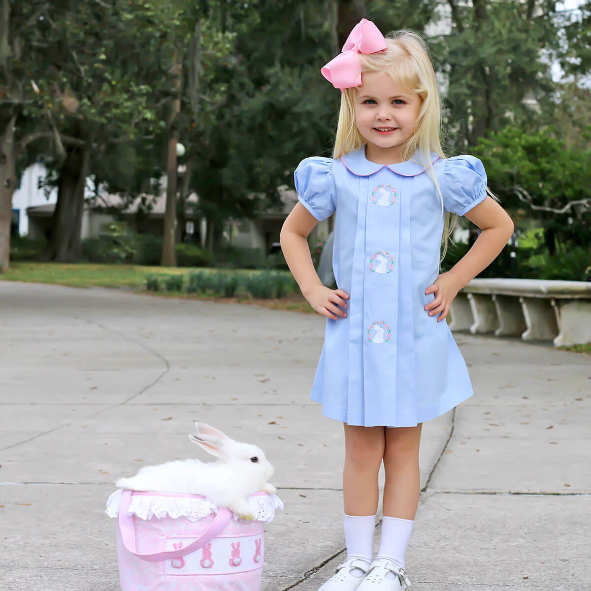 Bunny Wreath Pleated Dress Blue Pique