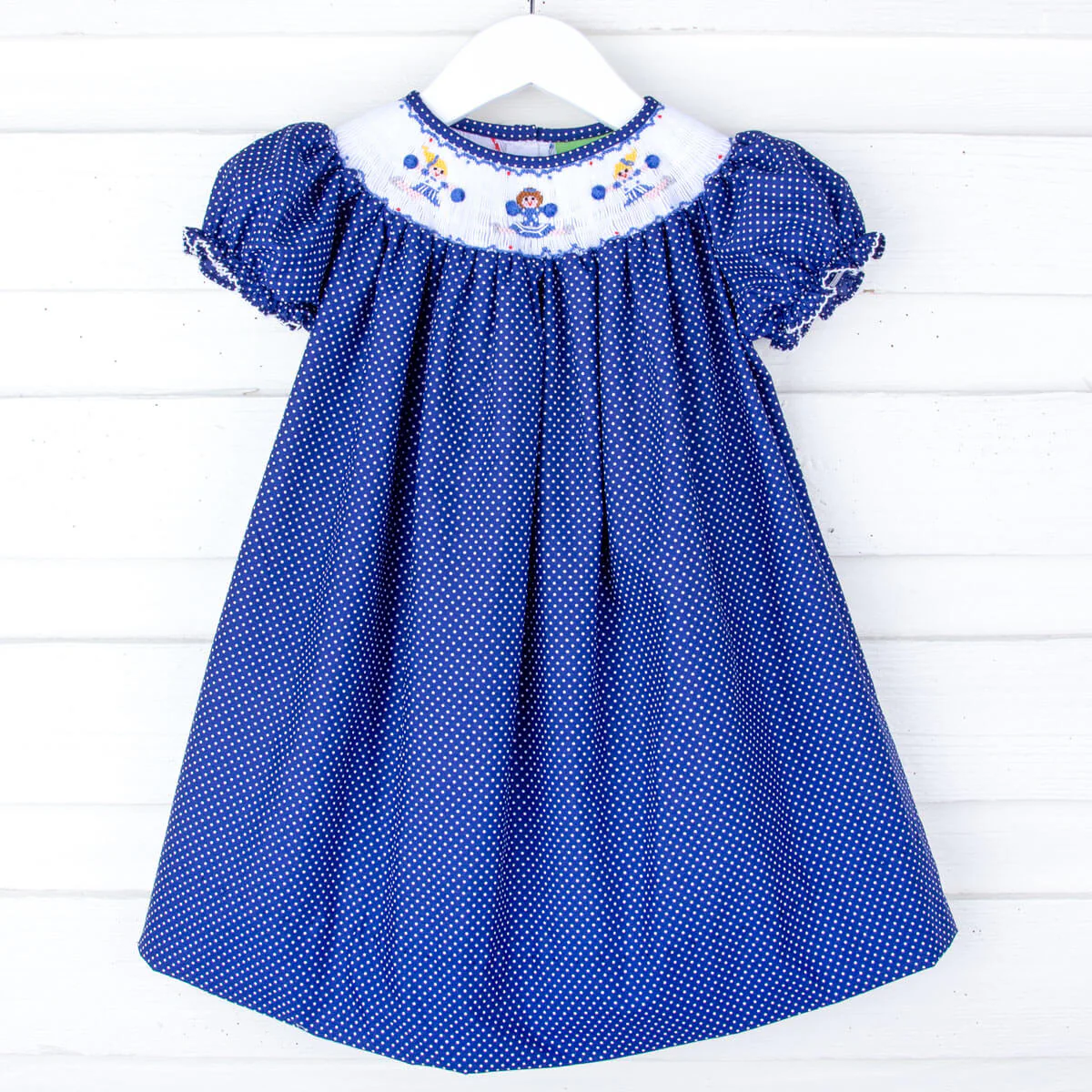 Cheerleader Smocked Royal Blue Polka Dot Bishop Dress