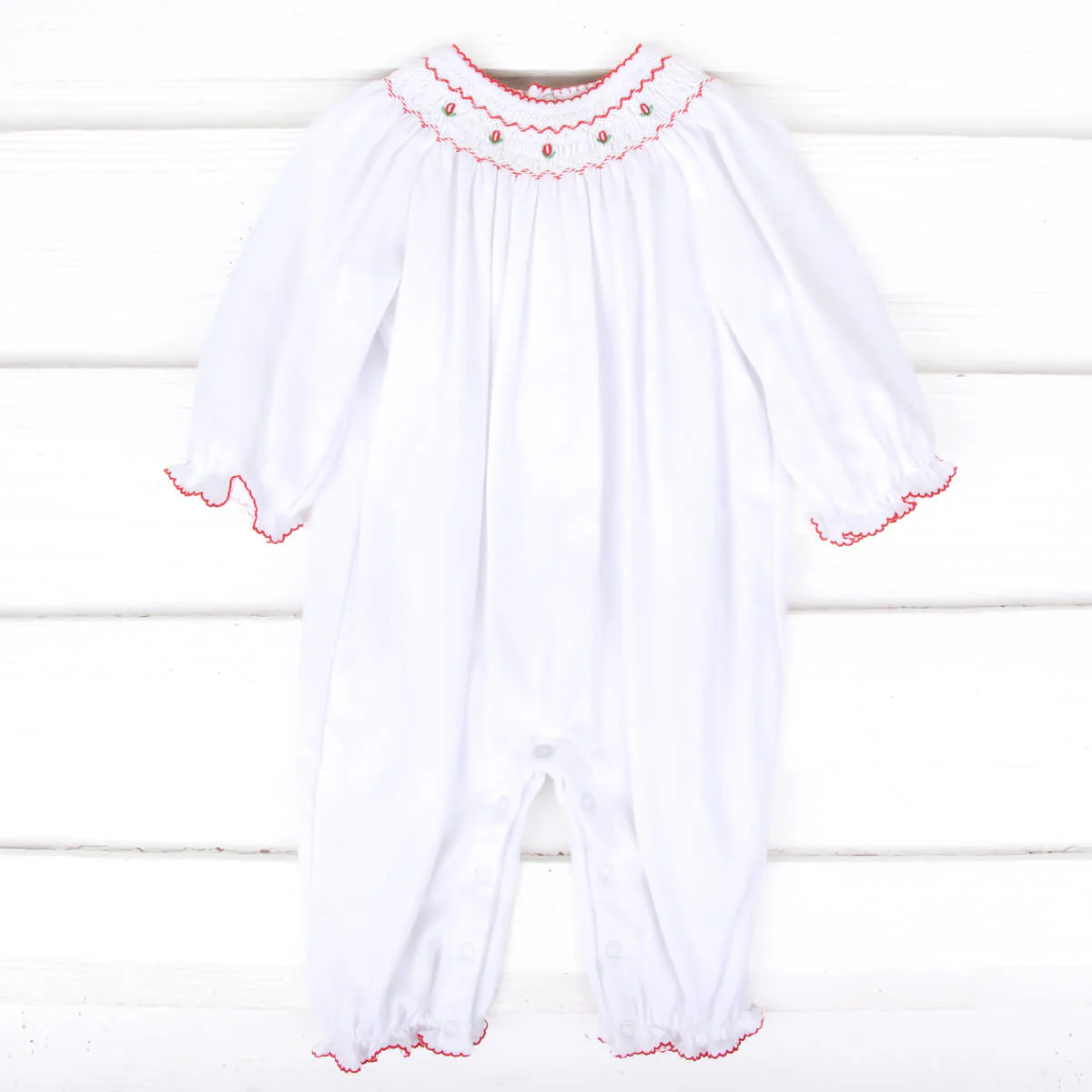 Christmas Rose Smocked White Long Bubble