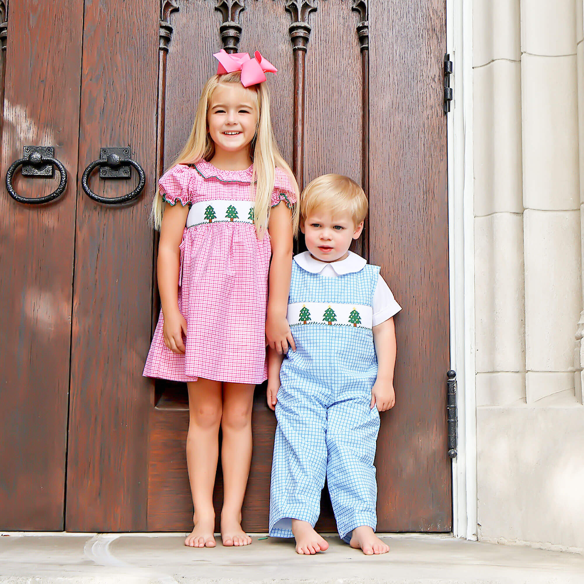 Christmas Tree Smocked Light Blue Gingham Longall - Image 3