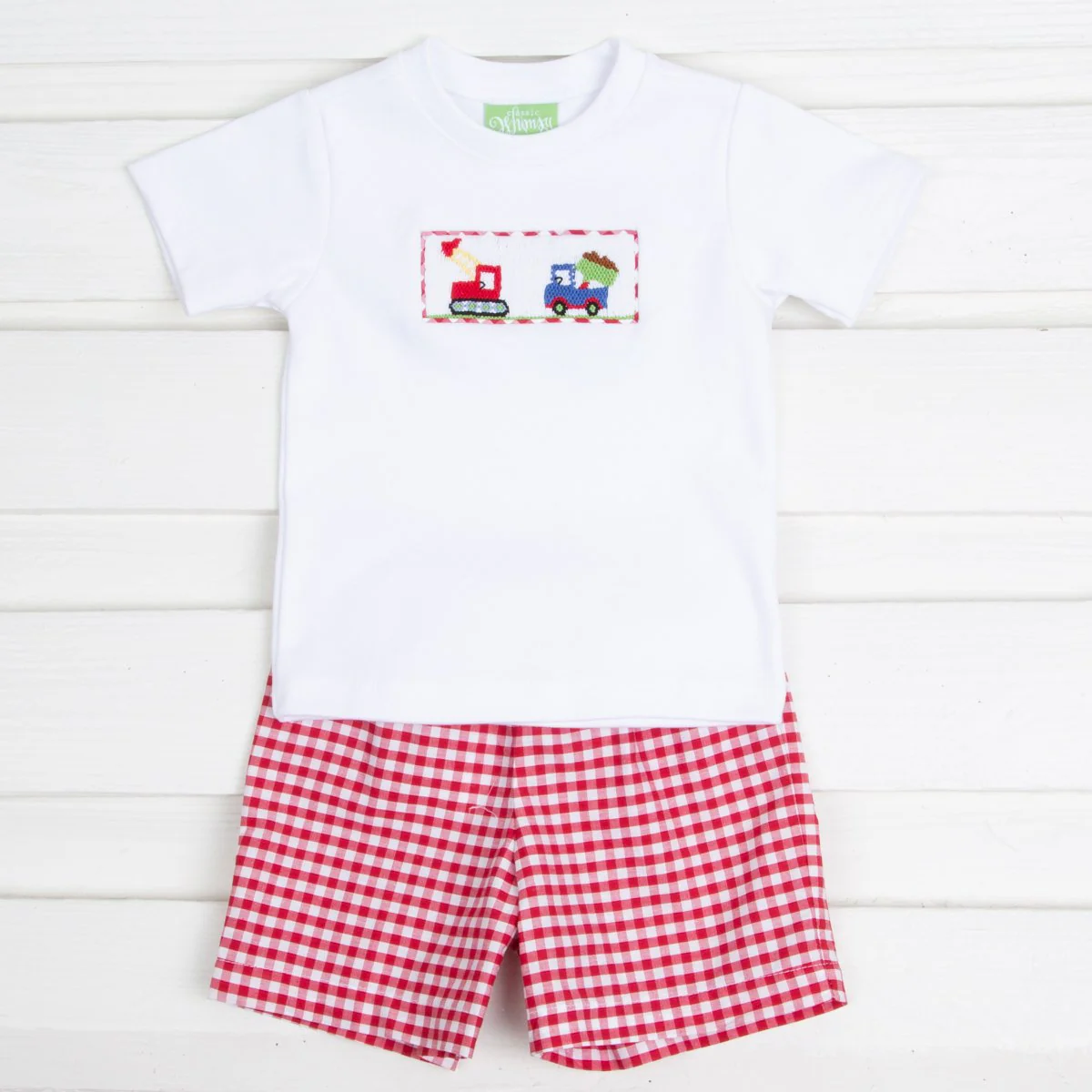 Construction Smocked Red Check Short Set