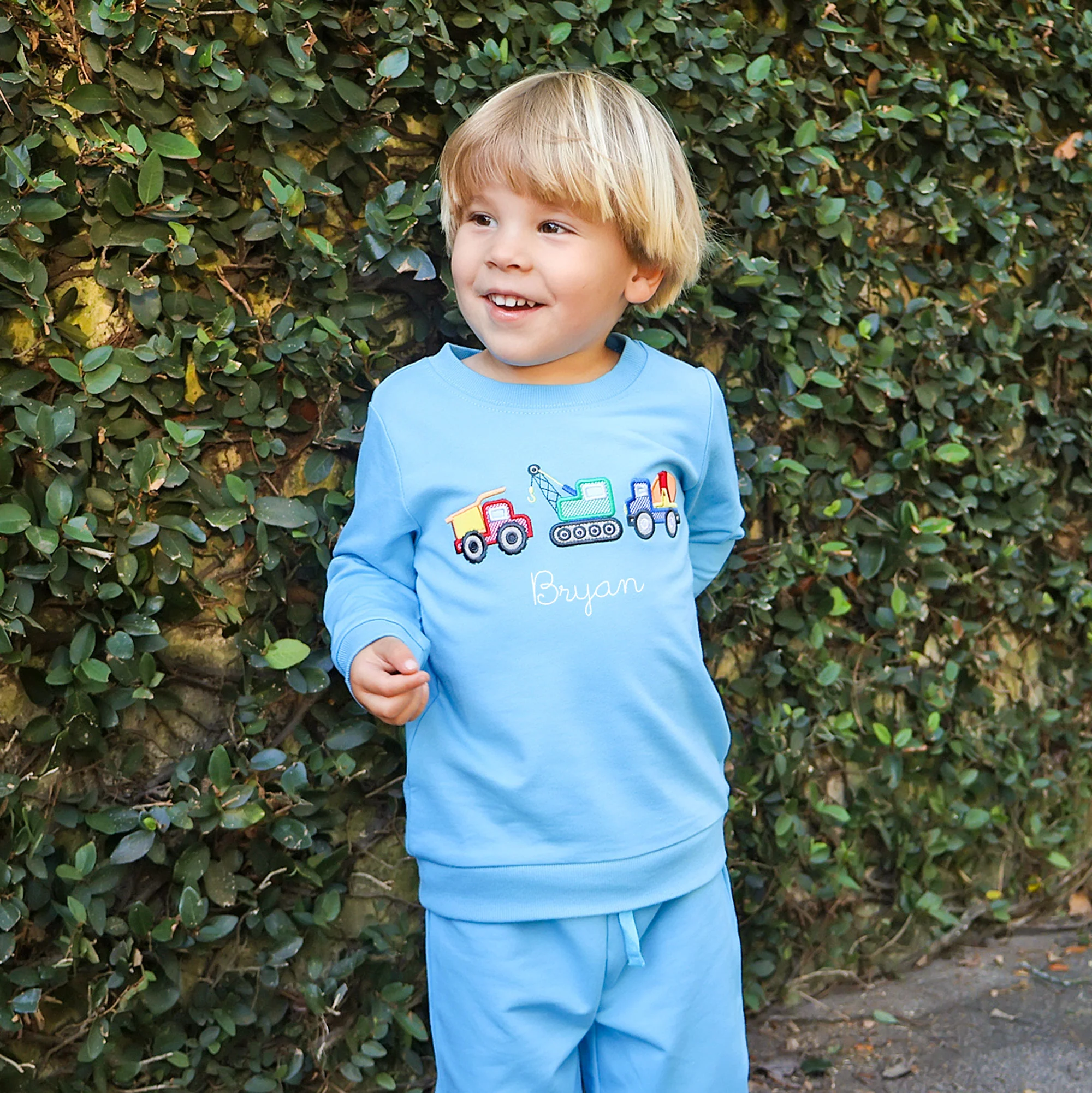 Construction Truck Applique Blue Jogger Set - Image 2