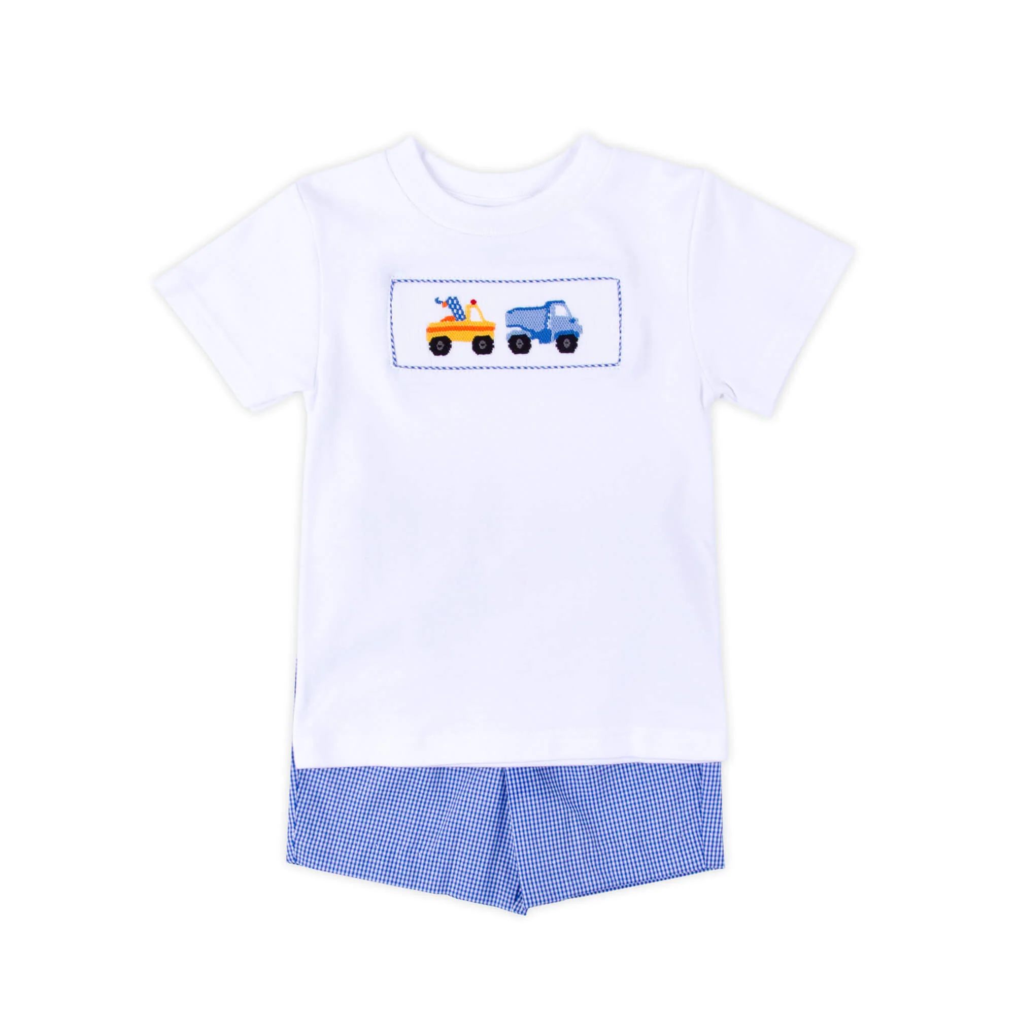 Construction Truck Blue Gingham Smocked Short Set