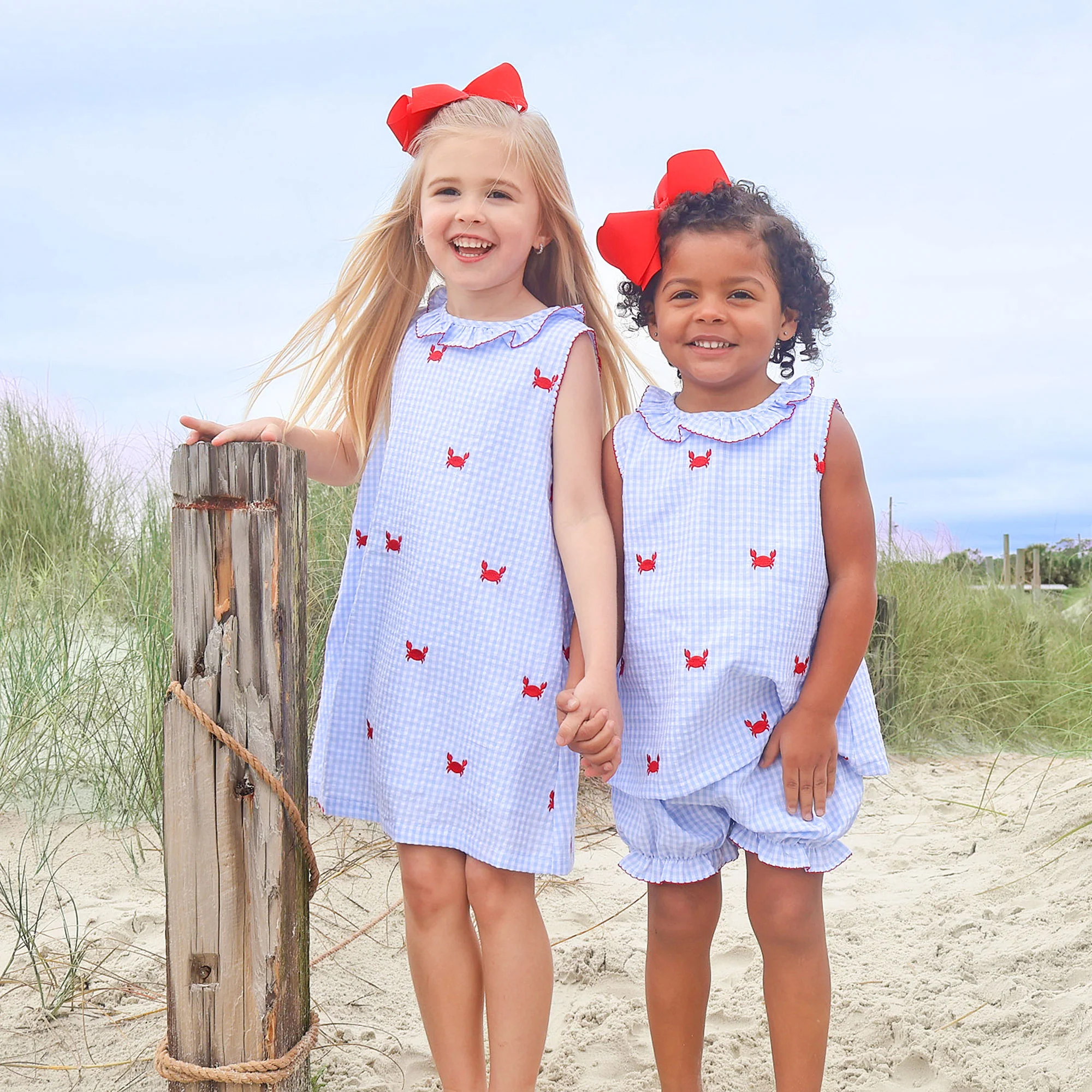 Crab Schiffli Blue Gingham Ruffle Collared Dress - Image 3