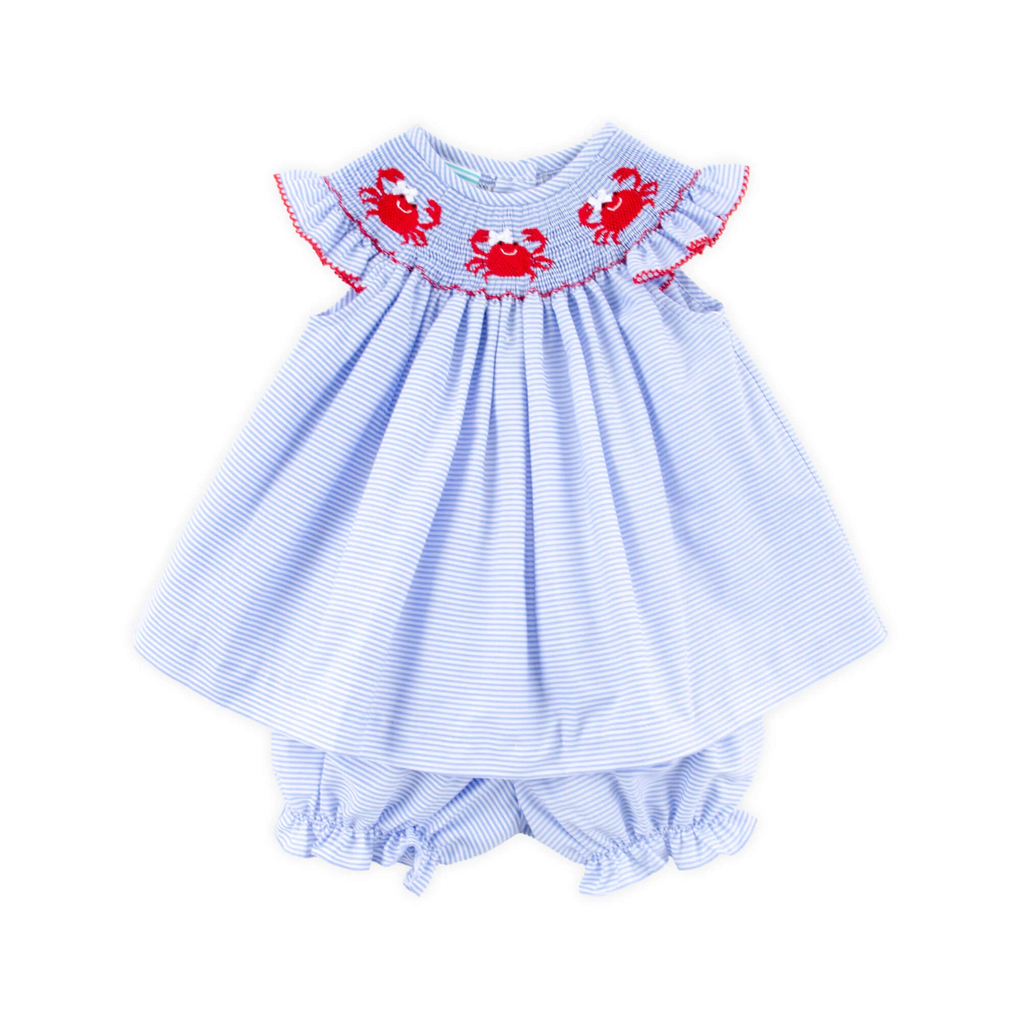 Crab Treasures Smocked Blue Stripe Angel Sleeve Bloomer Set
