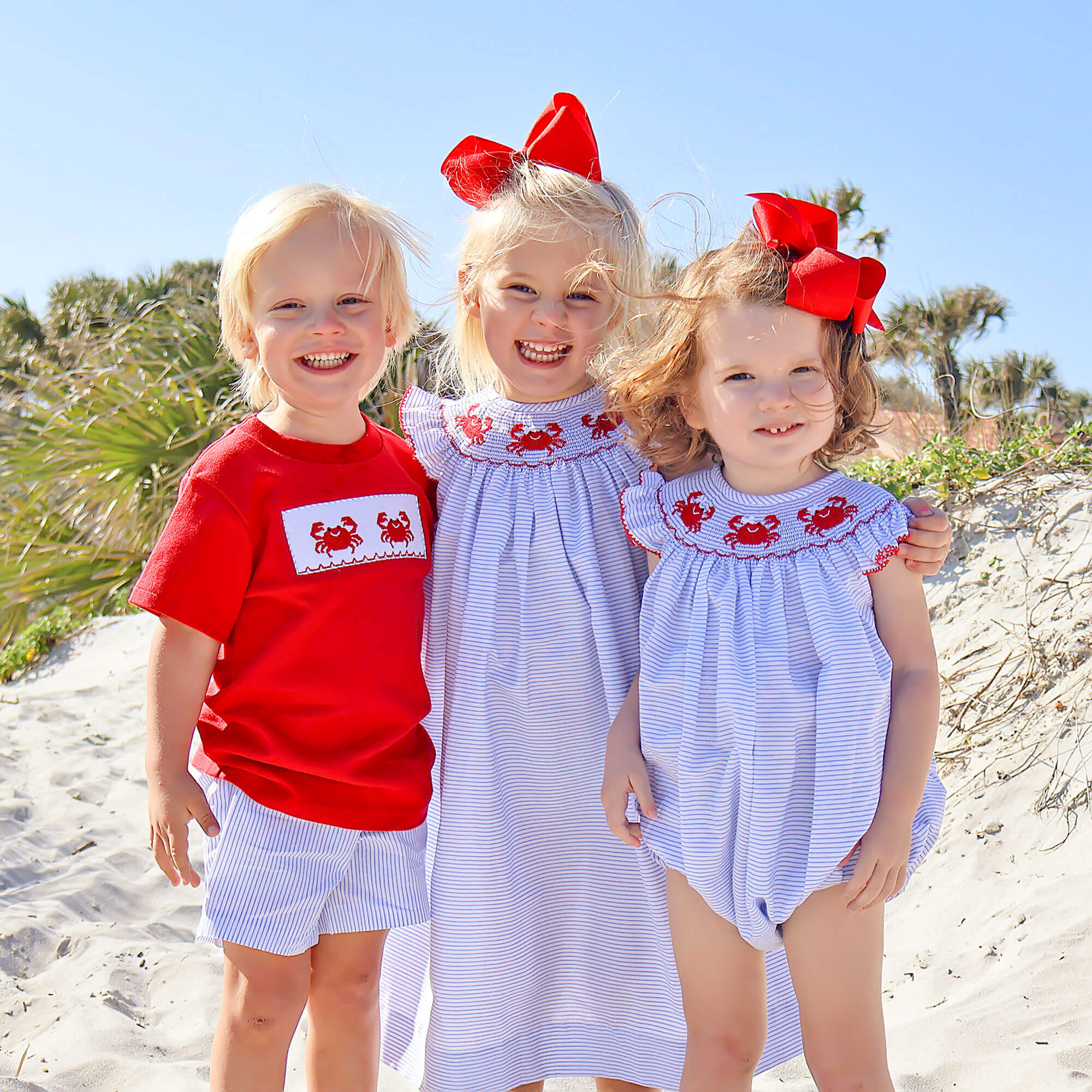 Crab Treasures Smocked Blue Stripe Angel Sleeve Dress - Image 4