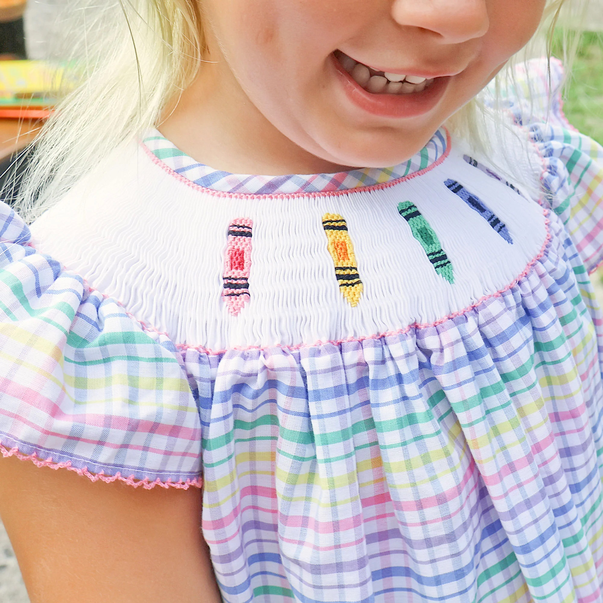Crayon Smocked Colorful Plaid Angel Sleeve Bubble - Image 3