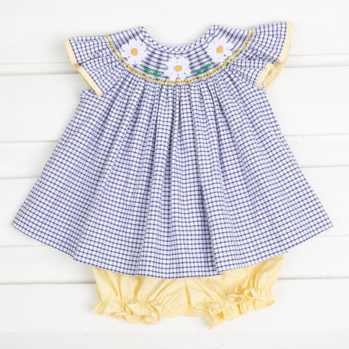 Daisy Smocked Bloomer Set Navy Windowpane Seersucker