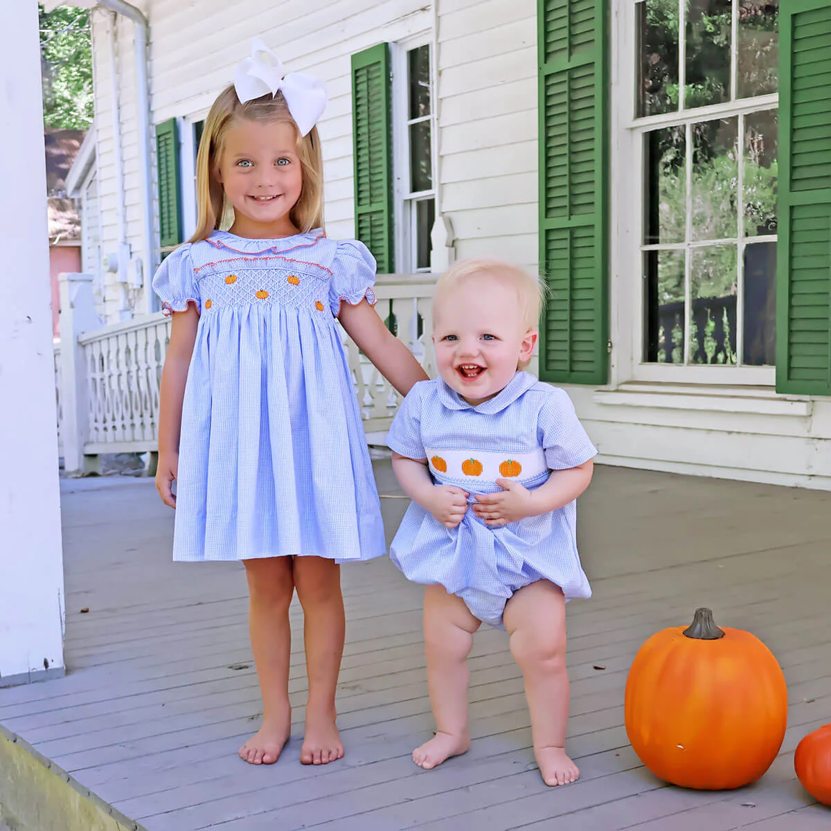 Harvest Pumpkin Light Blue Gingham Smocked Ruffle Collar Dress - Image 5