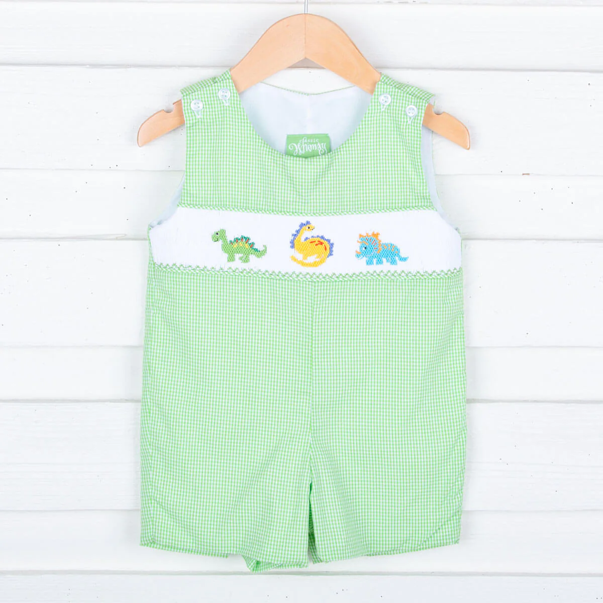 Dinosaur Smocked  Green Gingham Jon Jon